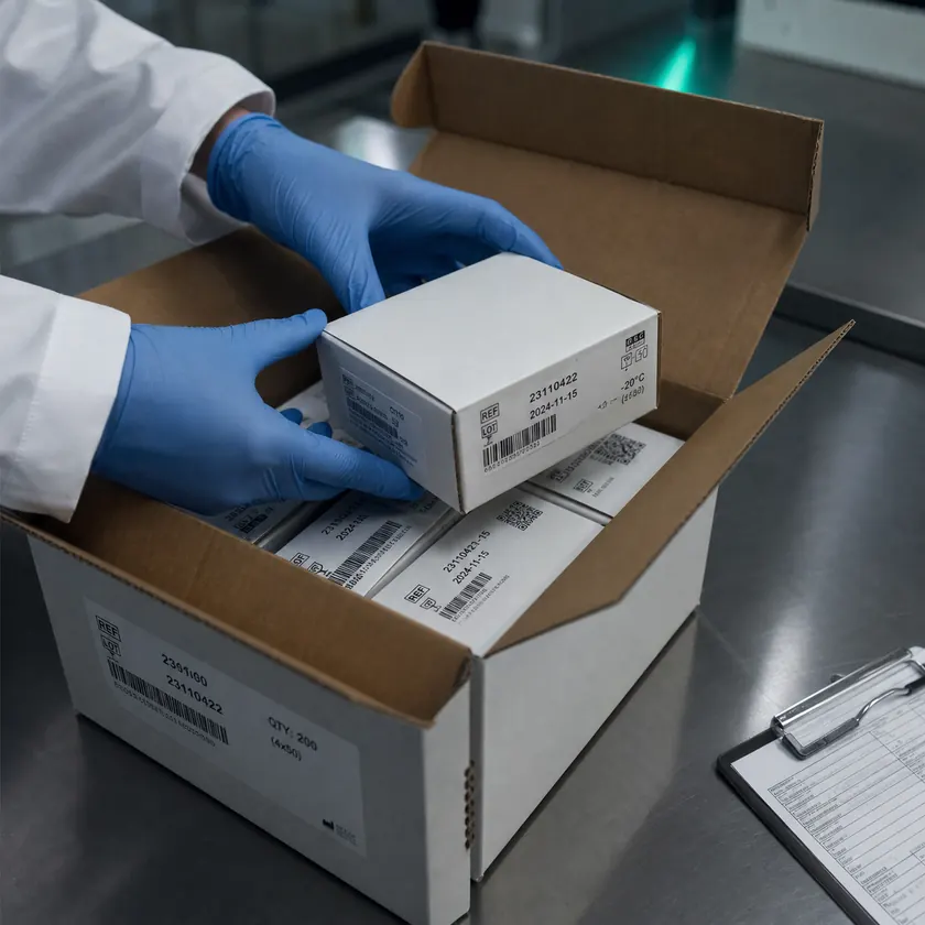 Gloved hands unpacking a carton of labelled laboratory reagents